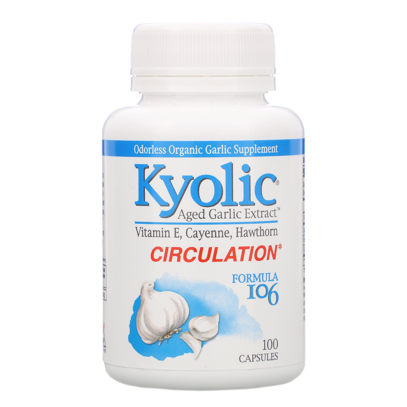 Kyolic, Aged Garlic Extract Cayenne, Hawthorn Berry Form. 106, 100 Capsules UPC 023542106412 | Hilife Vitamins